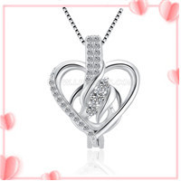 women 925 sterling silver CZ love heart pearl cage pendant
