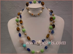jewelry set made of tiger eyes-turquoise beads-shell pearls