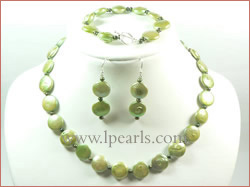 green  freshwater coin pearl necklace, bracelet, earring - sets