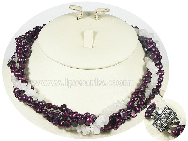 pearl necklace with crystal beads-4 twisted strands