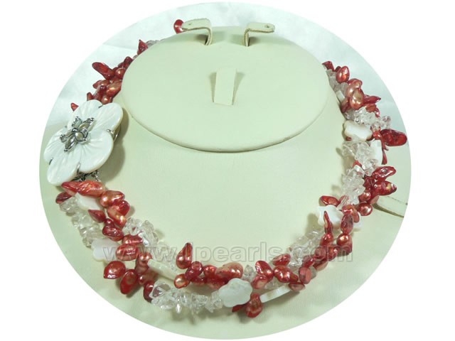 blister pearl necklace with crystal beads-3 twisted strands