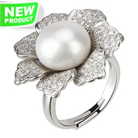 wholesale 925 flower shape bread pearl adjustable ring with zirc