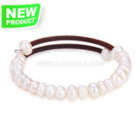 7-8mm white pearls bracelet with brown leather lope for women