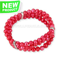 4-5mm 3 rows red pearls crystal women bracelet 6"