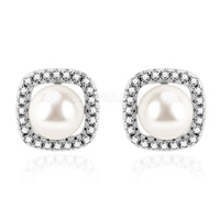 S925 sterling silver CZ round pearl stud earrings for women