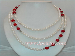 three-strand pearl & red coral beaded necklace jewelry