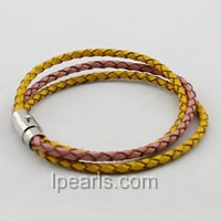 pink and yellow three strands leather cord bracelet