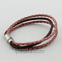 pink and coffee three strands leather cord bracelet