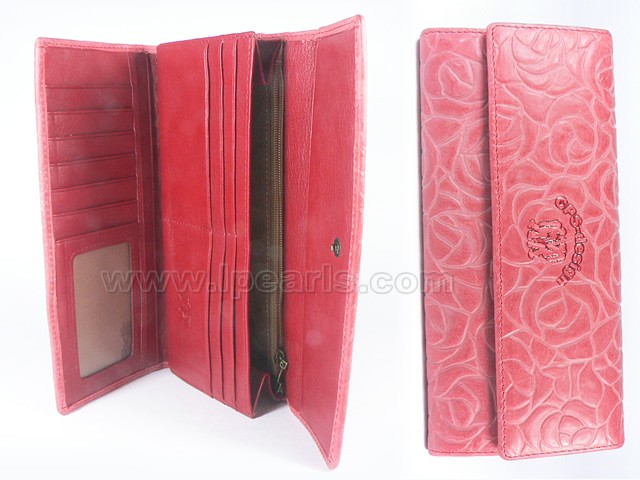 Stylish Women Cow Leather Pink Rose Pattern Tri-fold Wallet