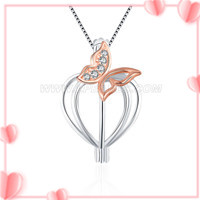 S925 sterling silver CZ flying butterfly heart pearl cage pendan
