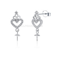 S925 sterling silver CZ pearl women heart stud earrings settings