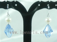faceted blue crystal with white freshwater pearl earrings