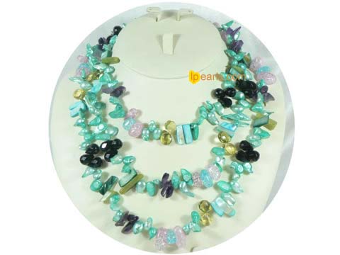 turquoise-crystal beads and blister pearls long necklace