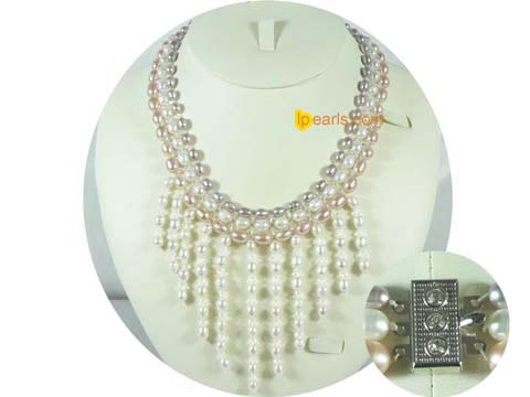triple strands rice freshwater pearl necklaces with whisker