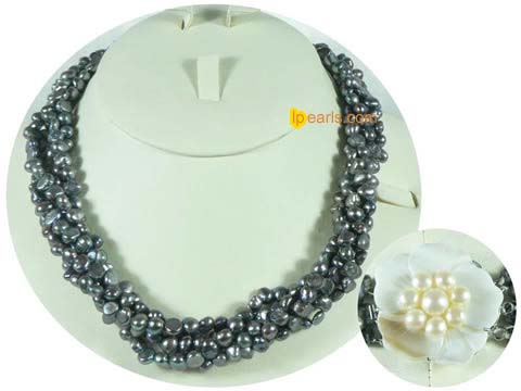 pearl necklace with turquoise and crystal beads