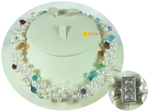 top drilled white pearl necklace with crystal beads
