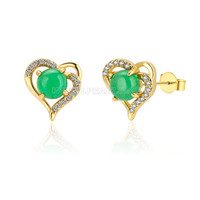 silver plated gold CZ green jade heart stud earrings for women