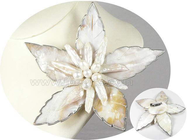 12cm white biwa freshwater pearl brooch with white shell