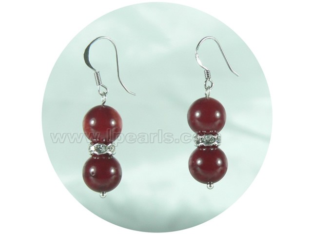 8mmm round red coral dangling earrings