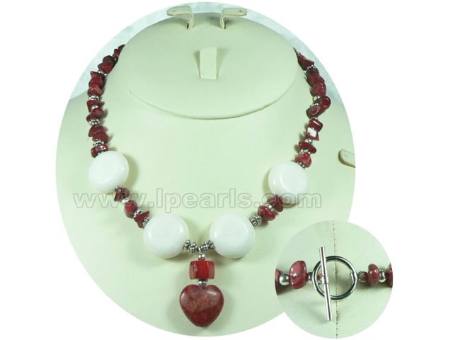 12mm white round and flat coral necklace with heart pendant