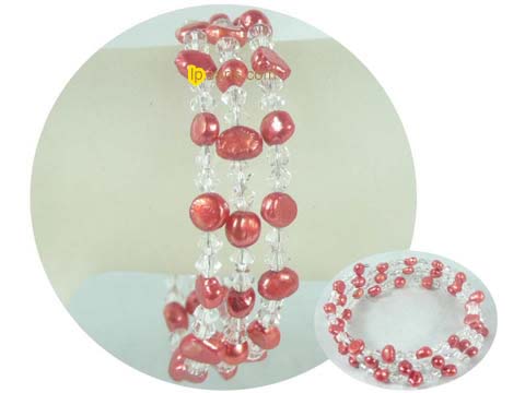 red smooth on both sides pearl bracelet with crystal beads