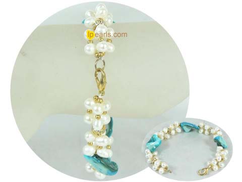 4-5mm white side-drilled pearl bracelet with blue shell
