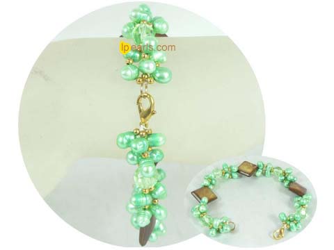 4-5mm green side-drilled pearl bracelet with square shells