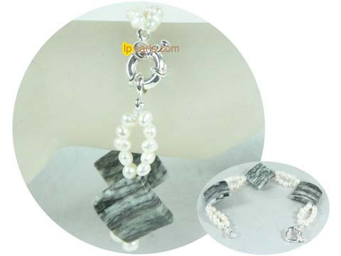 square gemstone and 4-5mm white potato pearl bracelet