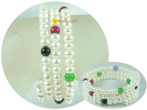 Triple rows 6-7mm white button pearls wire bangle bracelet