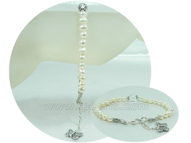 adjustable 6-7mm white potato pearl and crystal bracelet