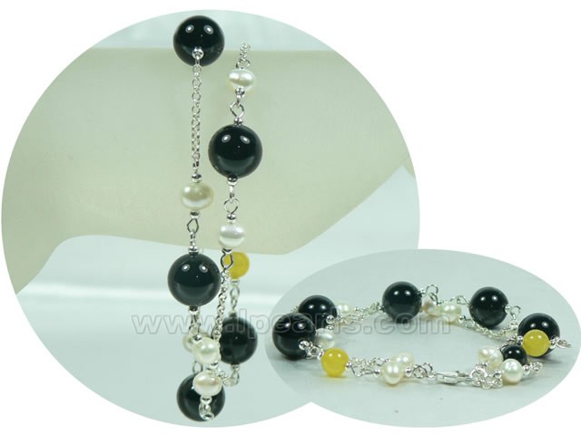 white potato and black agate sterling silver bracelet