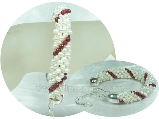 red coral and 4-5mm white potato pearl braid bracelet