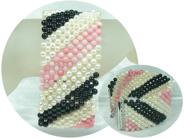 pretty knitted pink coral and white pearl bracelet with black ag