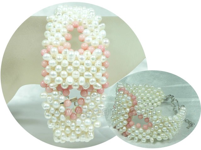 mixed pink coral and white freshwater pearl knitted bracelet