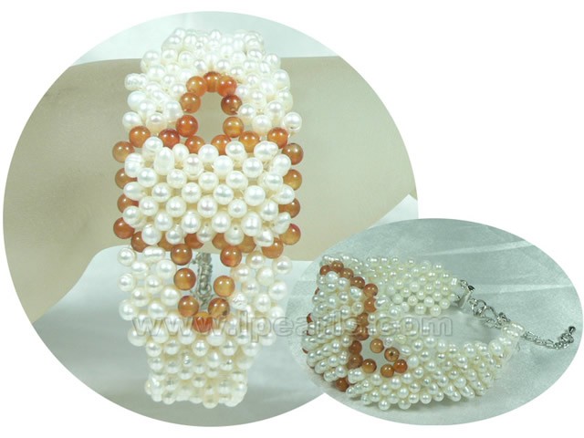 mixed red agate and white freshwater pearl knitted bracelet
