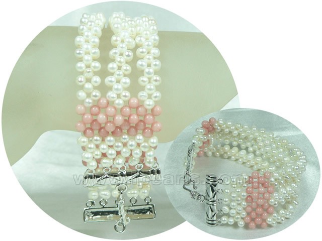 elegant design pink coral and white potato pearl bracelet