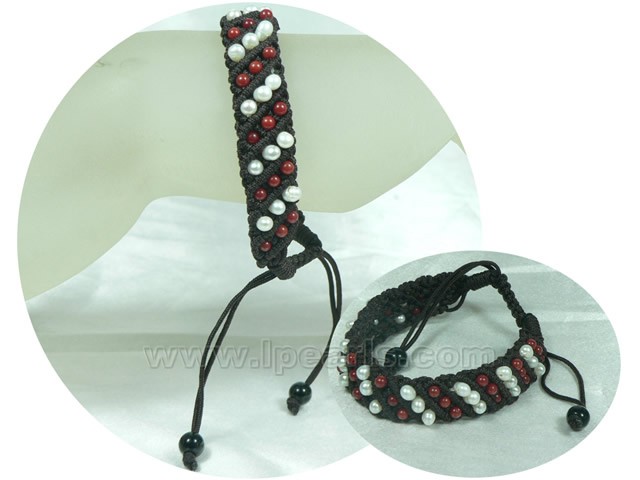 exquisite red coral and white potato pearl braid bracelet