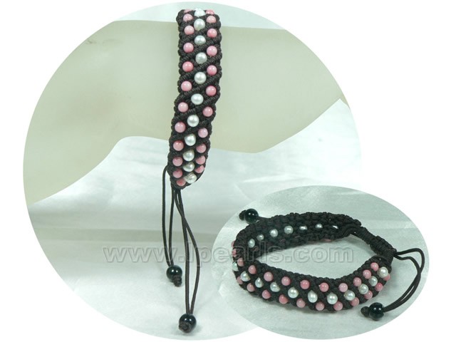 delicate pink coral and white potato pearl braid bracelet