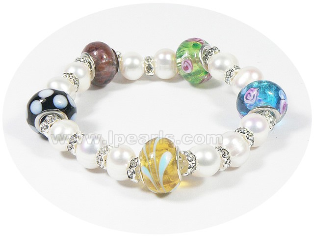 8-9mm potato pearl stretchy bracelet with colorful glaze bead