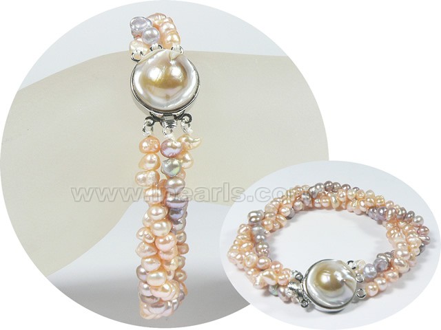 wholesale three rows multi colors twisted patato pearl bracelet