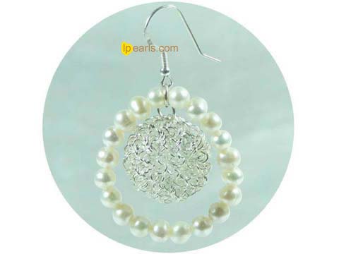 white freshwater pearl with plated silver ball earrings