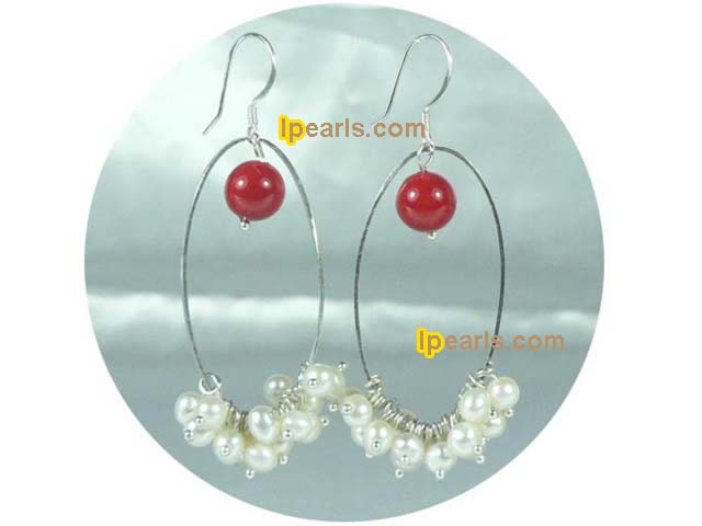 white potato pearls red coral dangling earrings