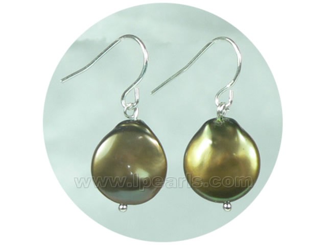12mm coffee coin freshwater pearl dangling earrings