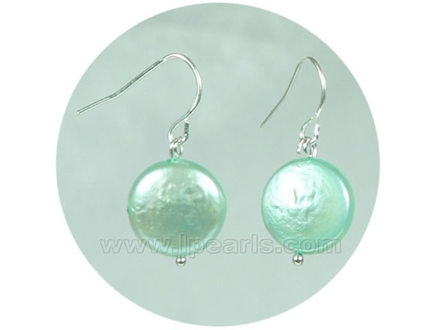 12mm light blue coin freshwater pearl dangling earrings