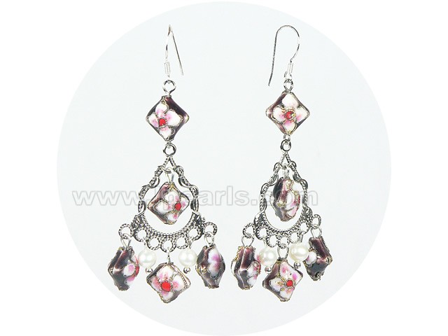 white freshwater pearl earrings with cloisonnes