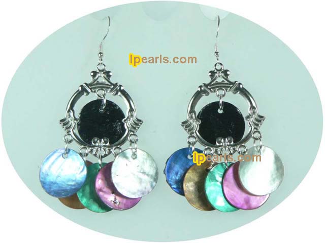 silver multi-color shell beads chandelier earrings