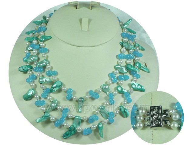 three rows white potato and cyan blister pearl necklace