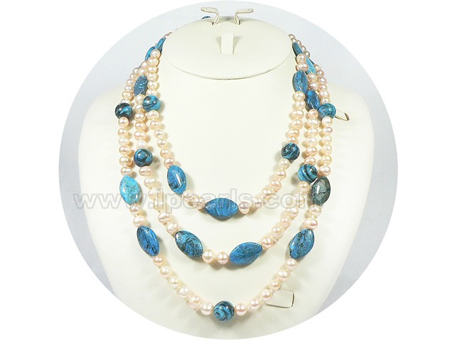 7-8mm freshwater pearl necklace with blue gemstones