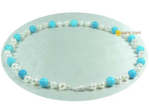 blue turquoise and 7-8mm potato pearls necklace