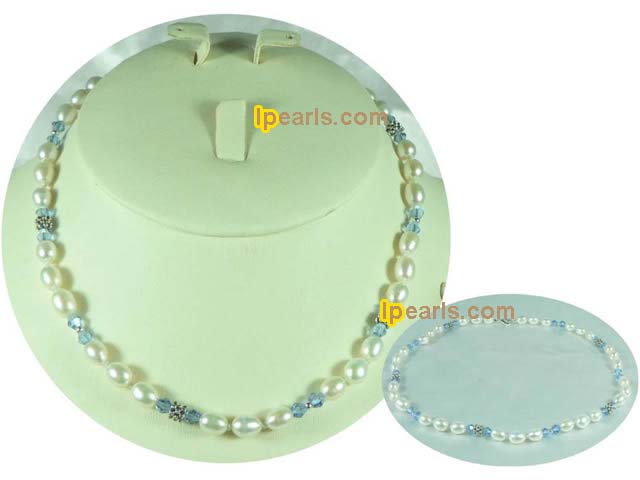 6-7mm white rice freshwater pearl necklace with crystals